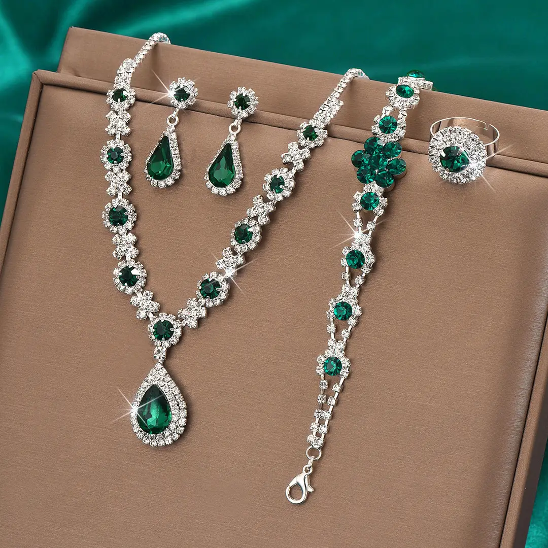 Fashionable European and American New Jewelry High-End Crystal Gemstone Women's Water Drop Necklace Earrings Bracelet Ring Set