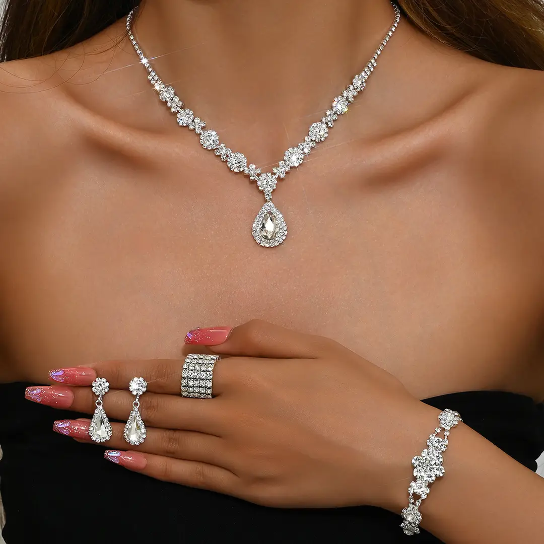 Fashionable European and American New Jewelry High-End Crystal Gemstone Women's Water Drop Necklace Earrings Bracelet Ring Set