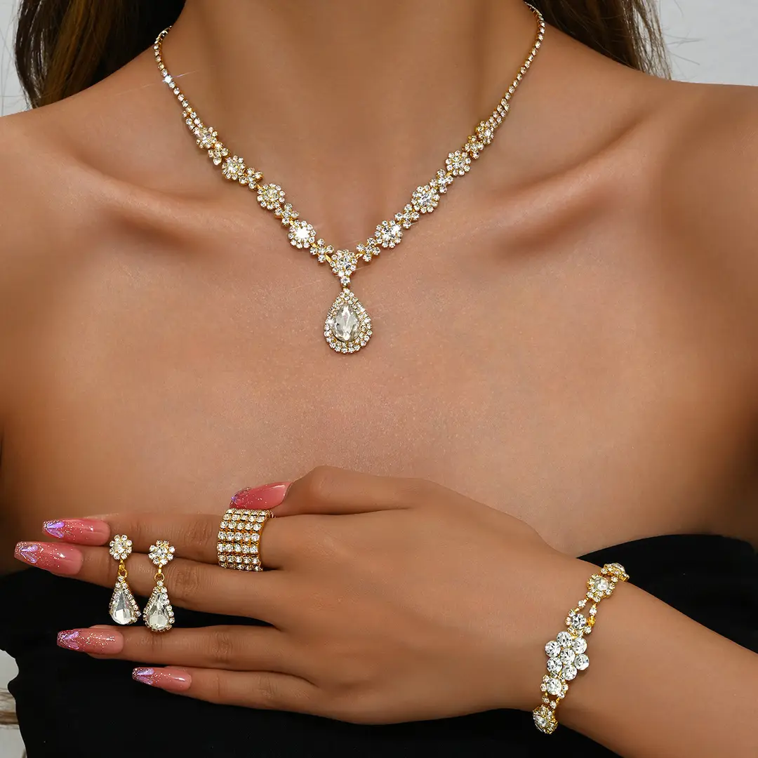 Fashionable European and American New Jewelry High-End Crystal Gemstone Women's Water Drop Necklace Earrings Bracelet Ring Set