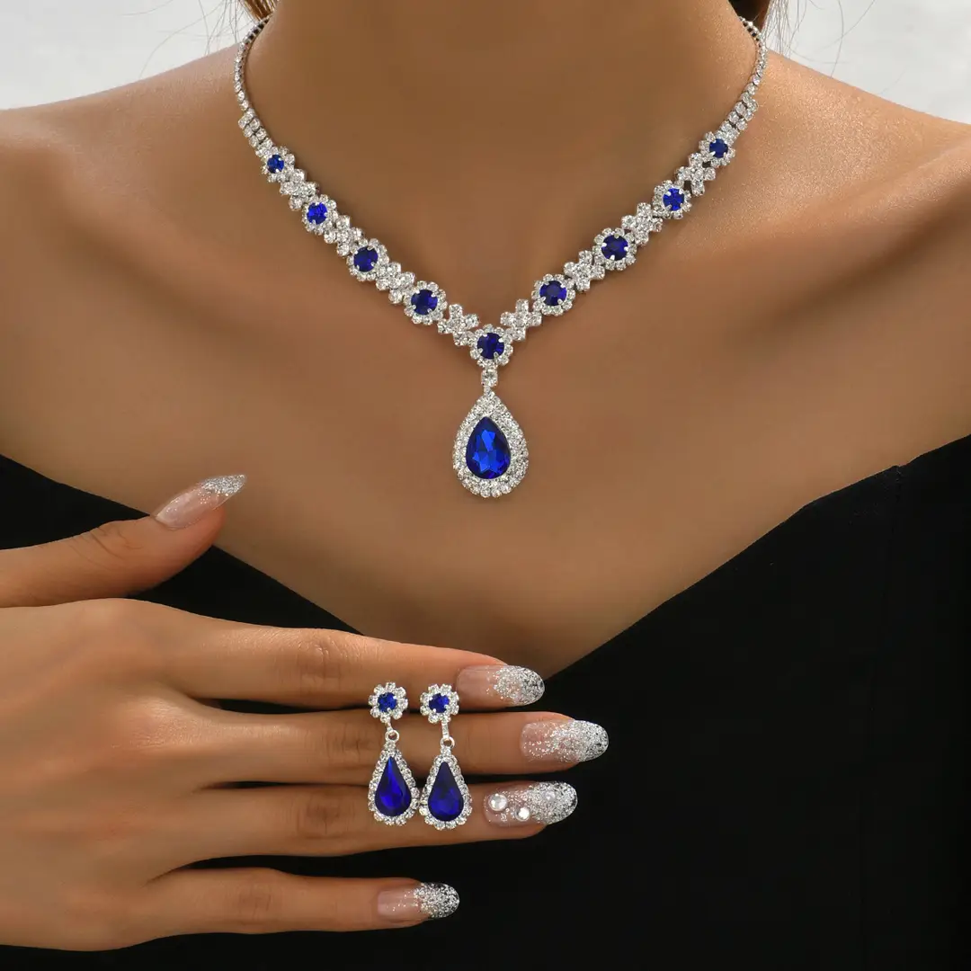 Fashionable European and American New Jewelry High-End Crystal Gemstone Women's Water Drop Necklace Earrings Bracelet Ring Set
