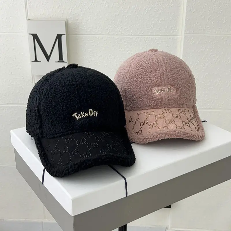 Women's Warm Wool Cap Beige Rhinestone Lettered
