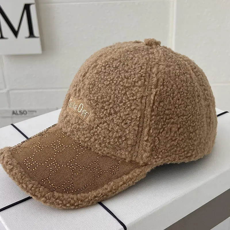 Women's Warm Wool Cap Beige Rhinestone Lettered — feature 4