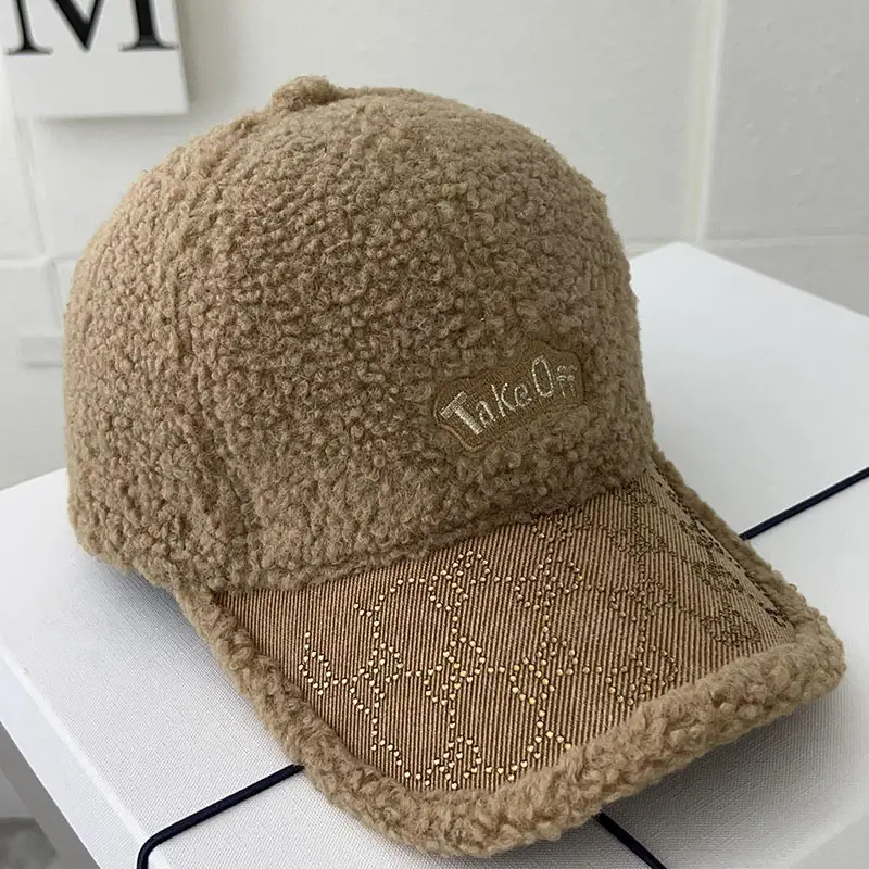 Women's Warm Wool Cap Beige Rhinestone Lettered — feature 5