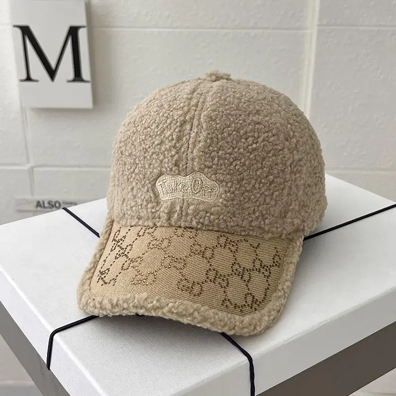 Women's Warm Wool Cap Beige Rhinestone Lettered