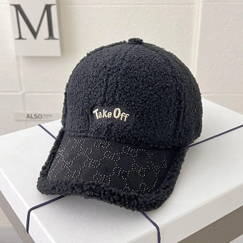 Women's Warm Wool Cap Beige Rhinestone Lettered