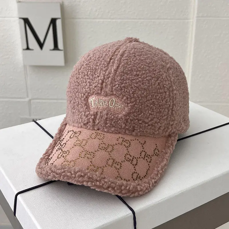 Women's Warm Wool Cap Beige Rhinestone Lettered
