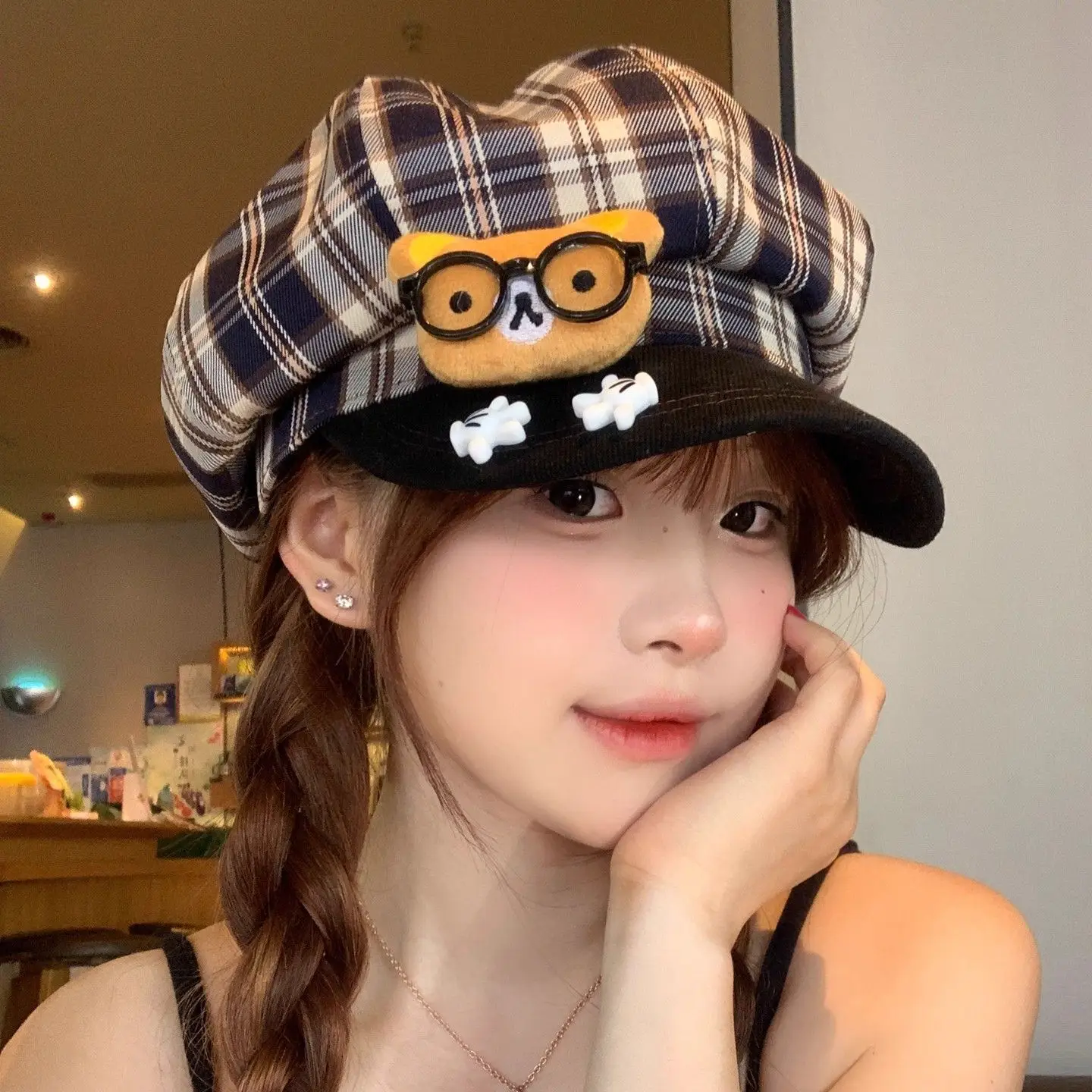 Women Plaid Cartoon Glasses Beret Hat - Image 3