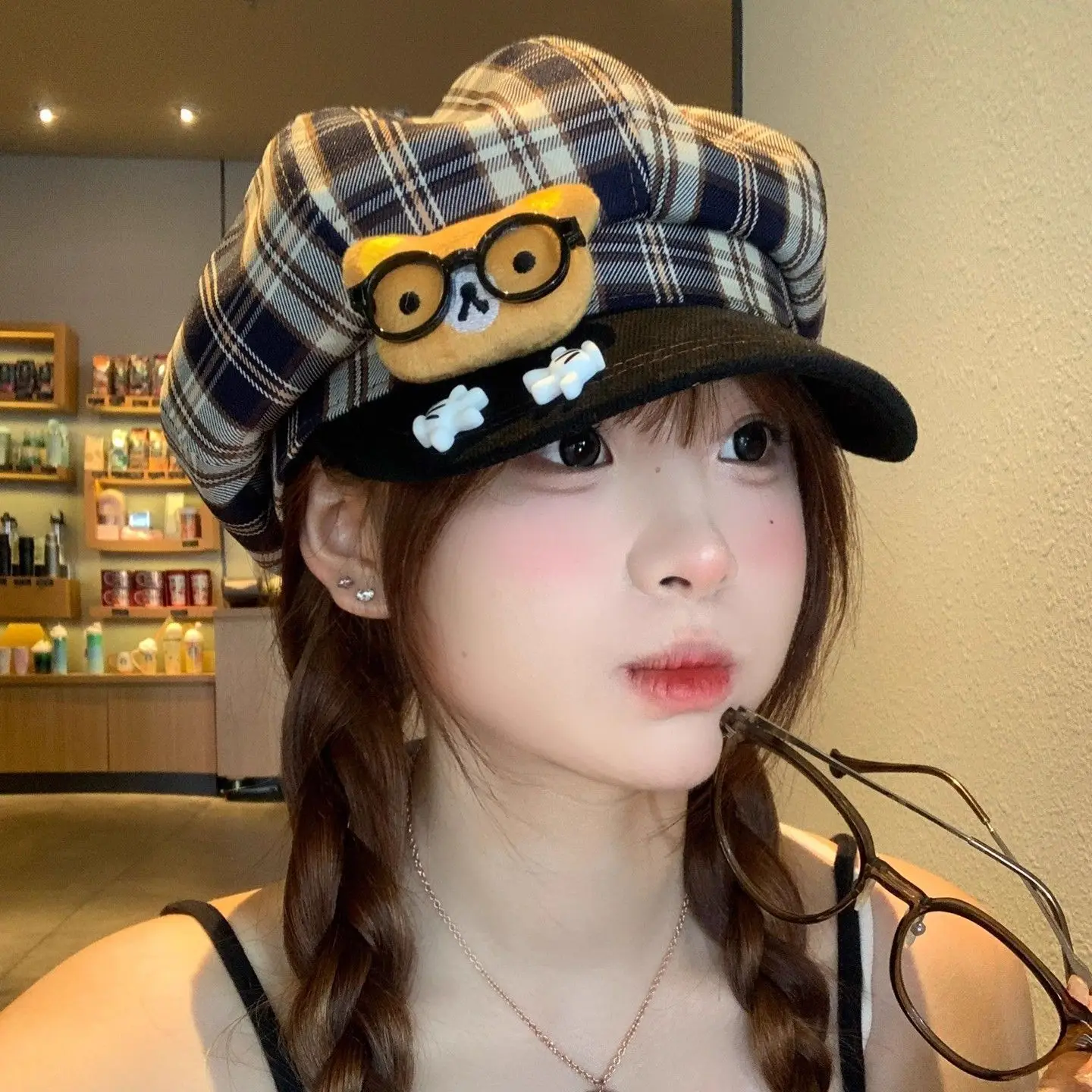 Women Plaid Cartoon Glasses Beret Hat - Image 4