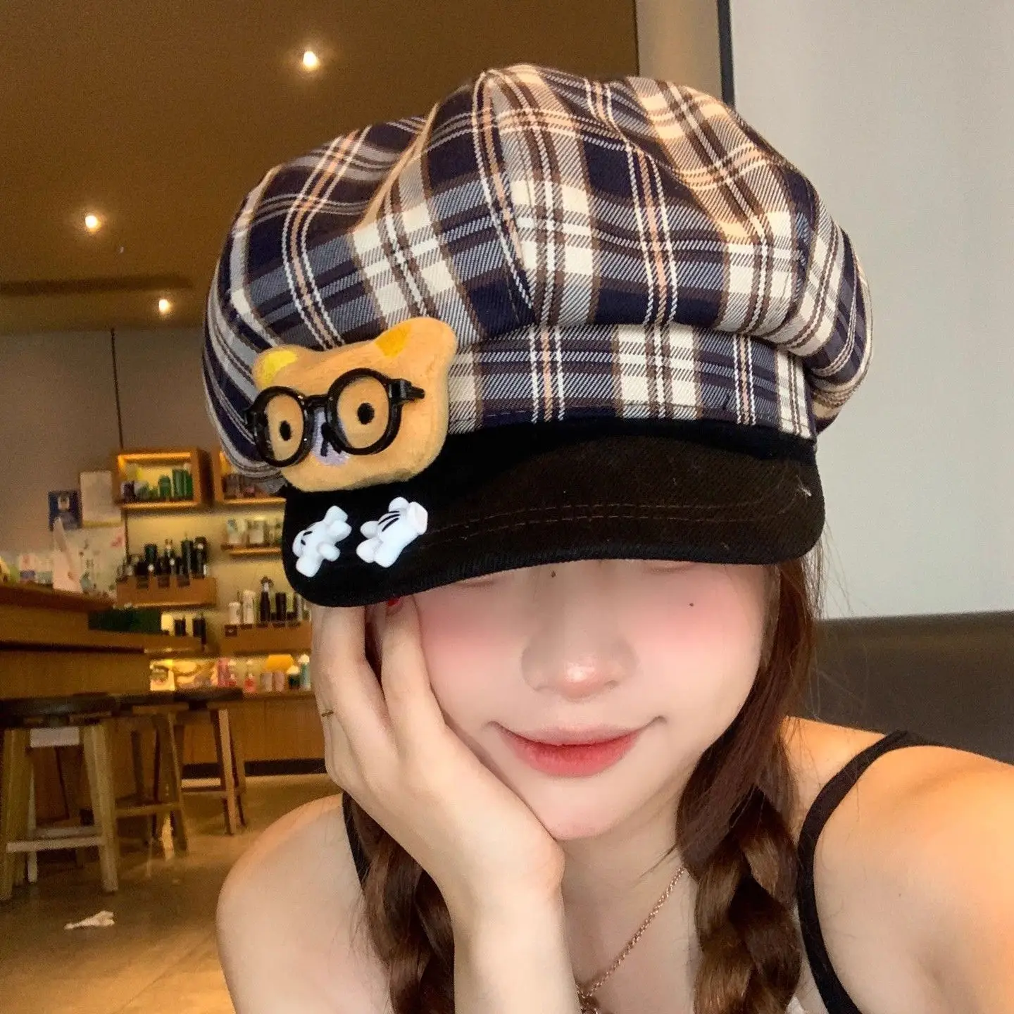 Women Plaid Cartoon Glasses Beret Hat - Image 5