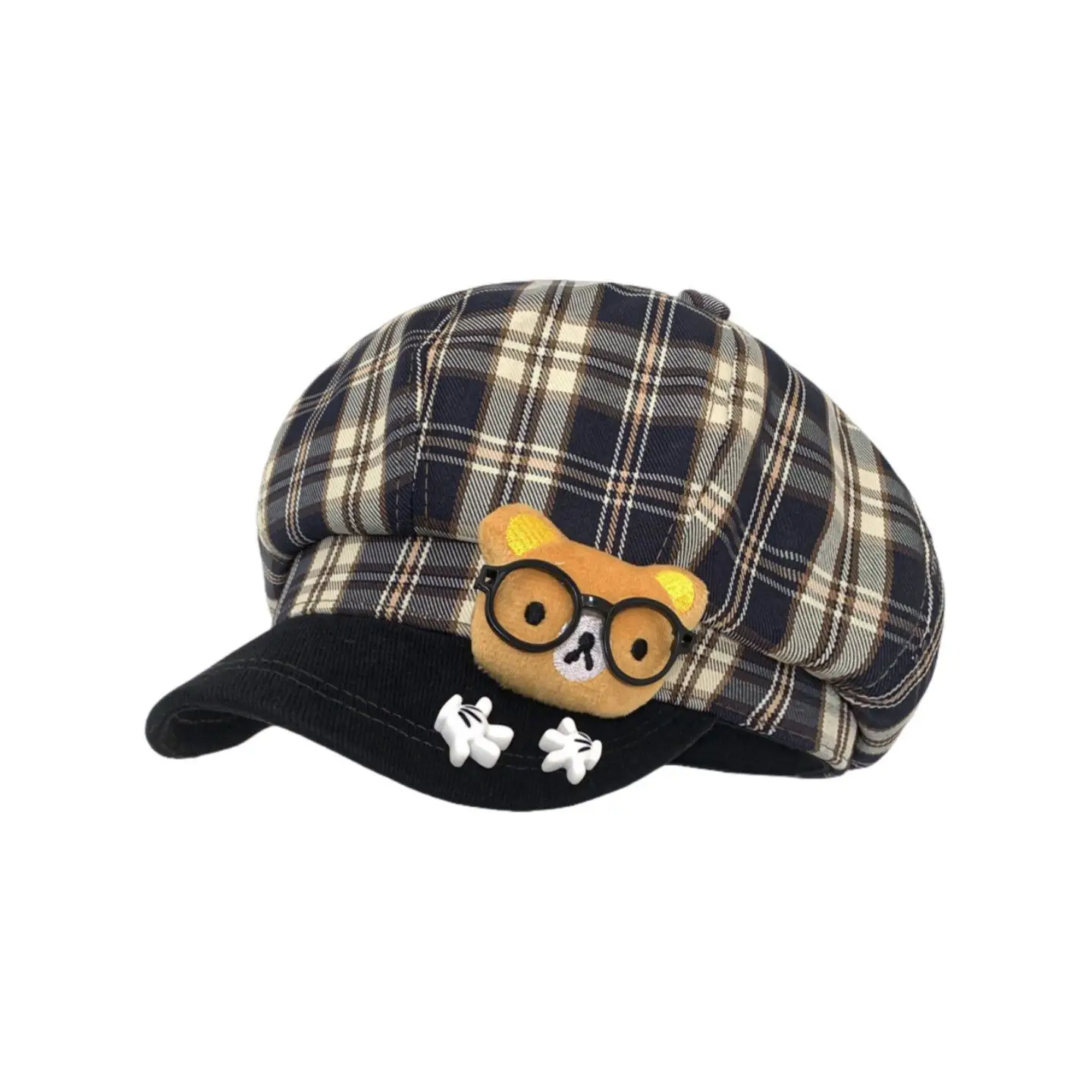 Women Plaid Cartoon Glasses Beret Hat - Image 6