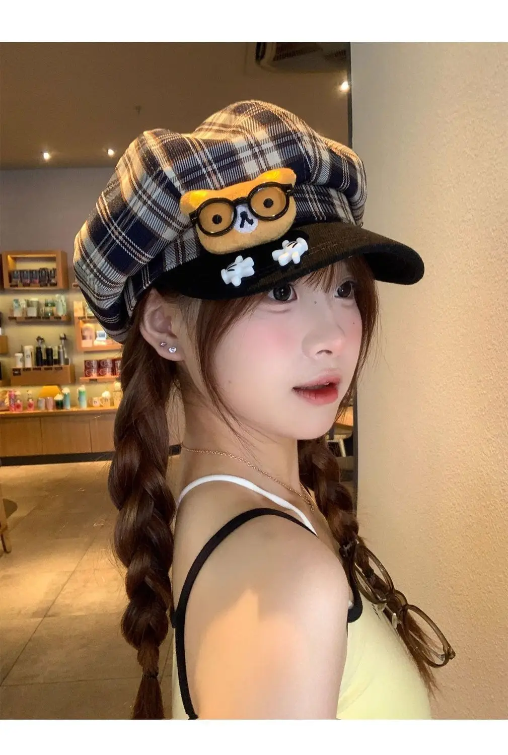 Women Plaid Cartoon Glasses Beret Hat — feature 11