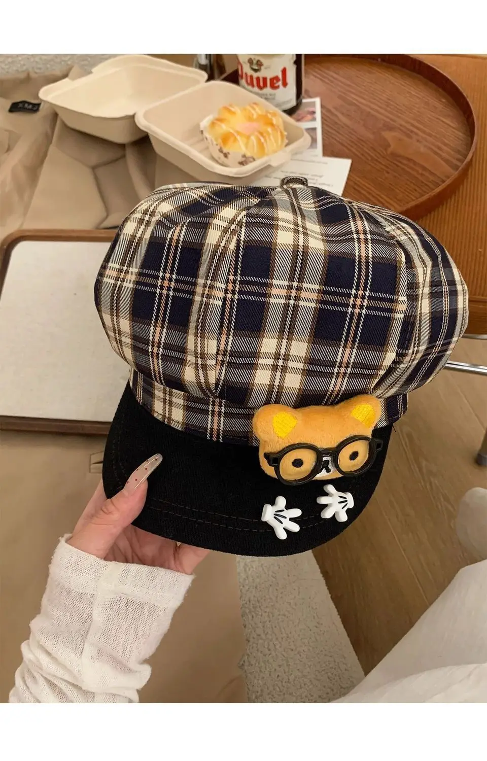 Women Plaid Cartoon Glasses Beret Hat — feature 13