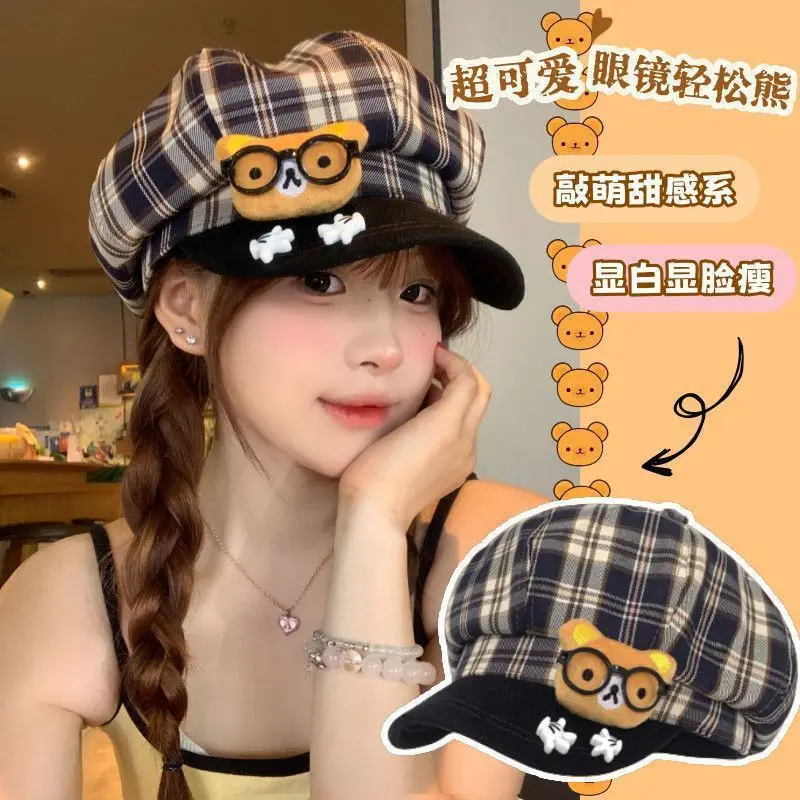 Women Plaid Cartoon Glasses Beret Hat — feature 2