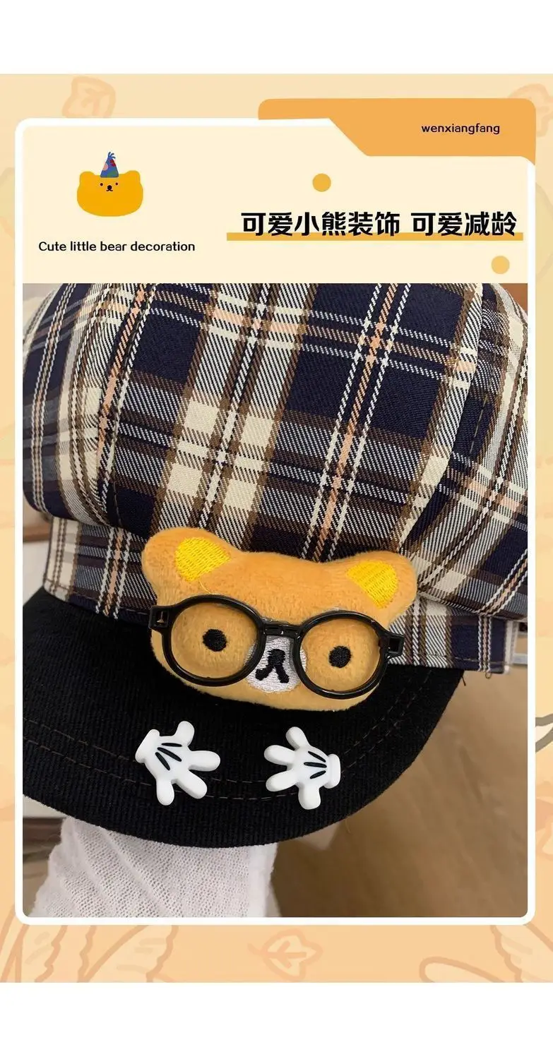 Women Plaid Cartoon Glasses Beret Hat — feature 9