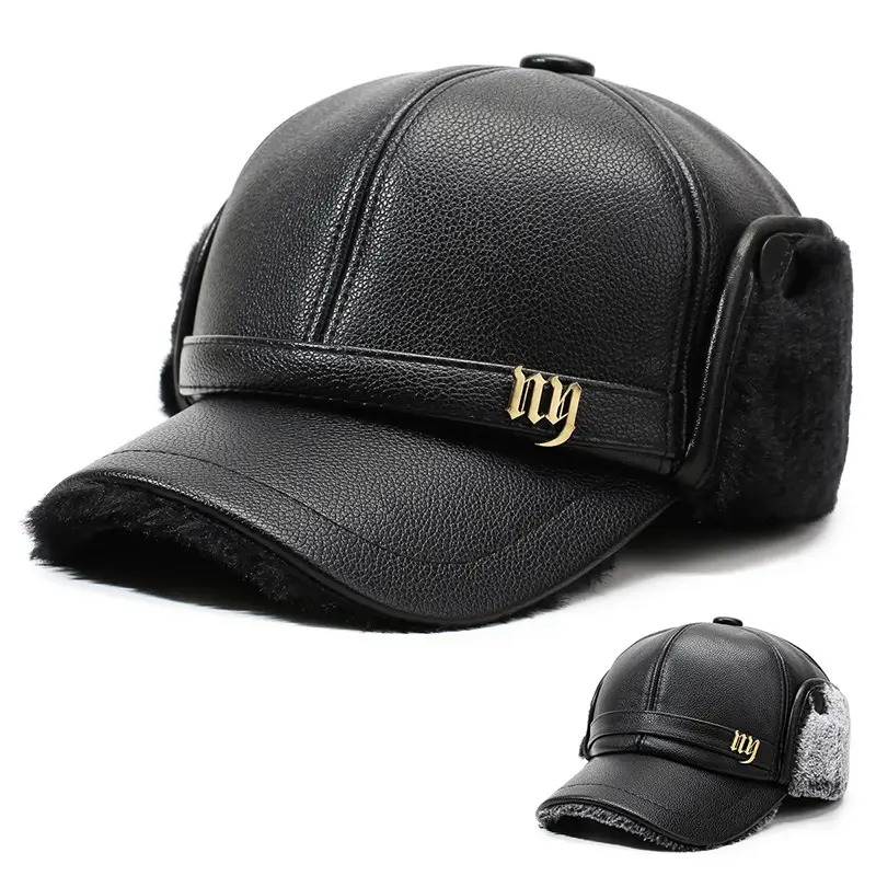 Winter Fleece Lined Leather Hat for Men with Ear Protection Cap