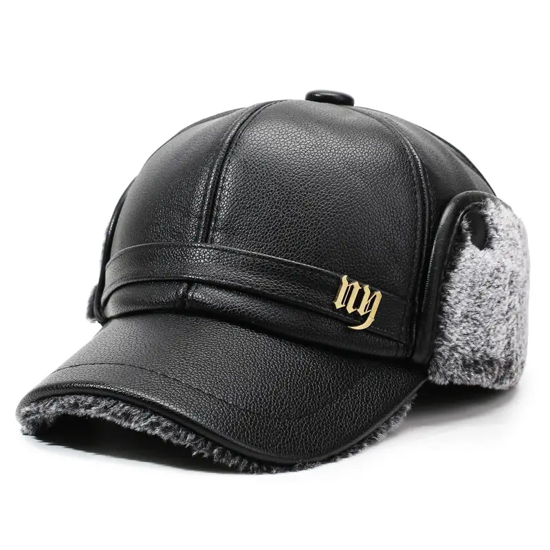Winter Fleece Lined Leather Hat for Men with Ear Protection Cap