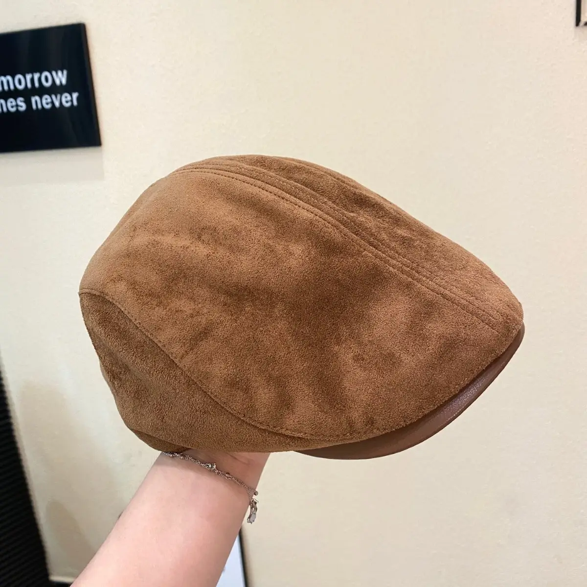 Japanese Suede Duckbill Cap Women Winter Autumn Brown White