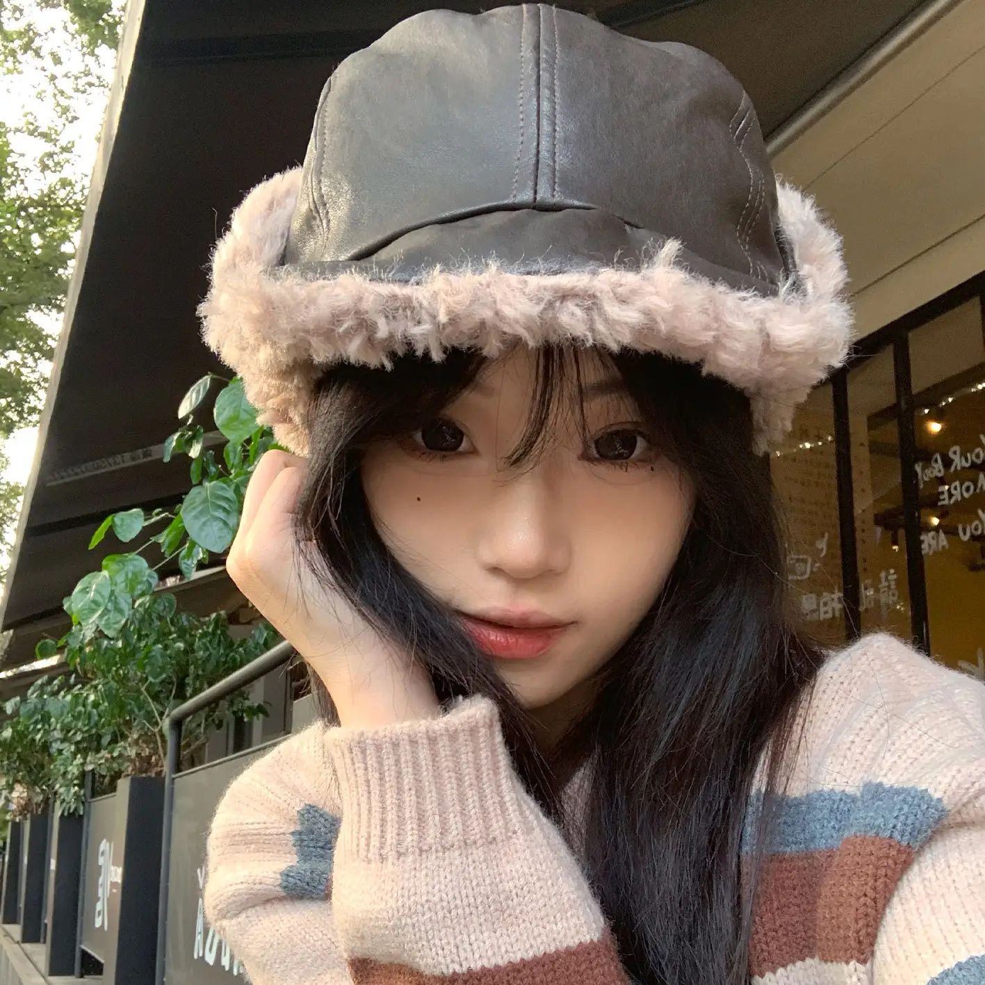 Korean Style Leather Ear Hat with Plush Strap - Image 3