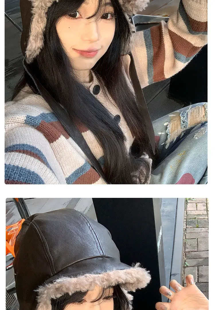 Korean Style Leather Ear Hat with Plush Strap — feature 10