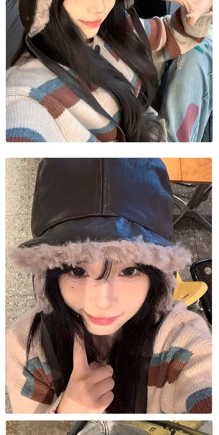 Korean Style Leather Ear Hat with Plush Strap — feature 11