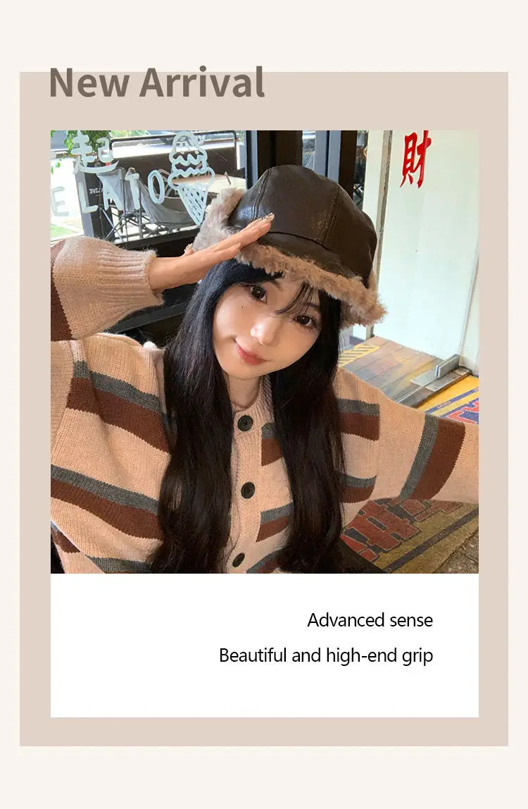 Korean Style Leather Ear Hat with Plush Strap — feature 3