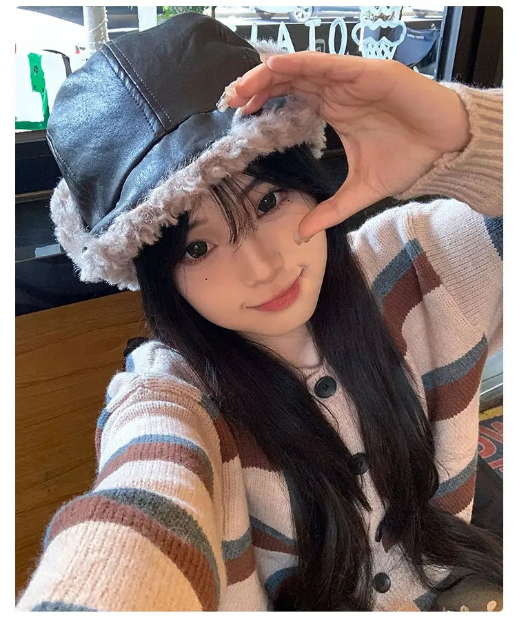 Korean Style Leather Ear Hat with Plush Strap — feature 7