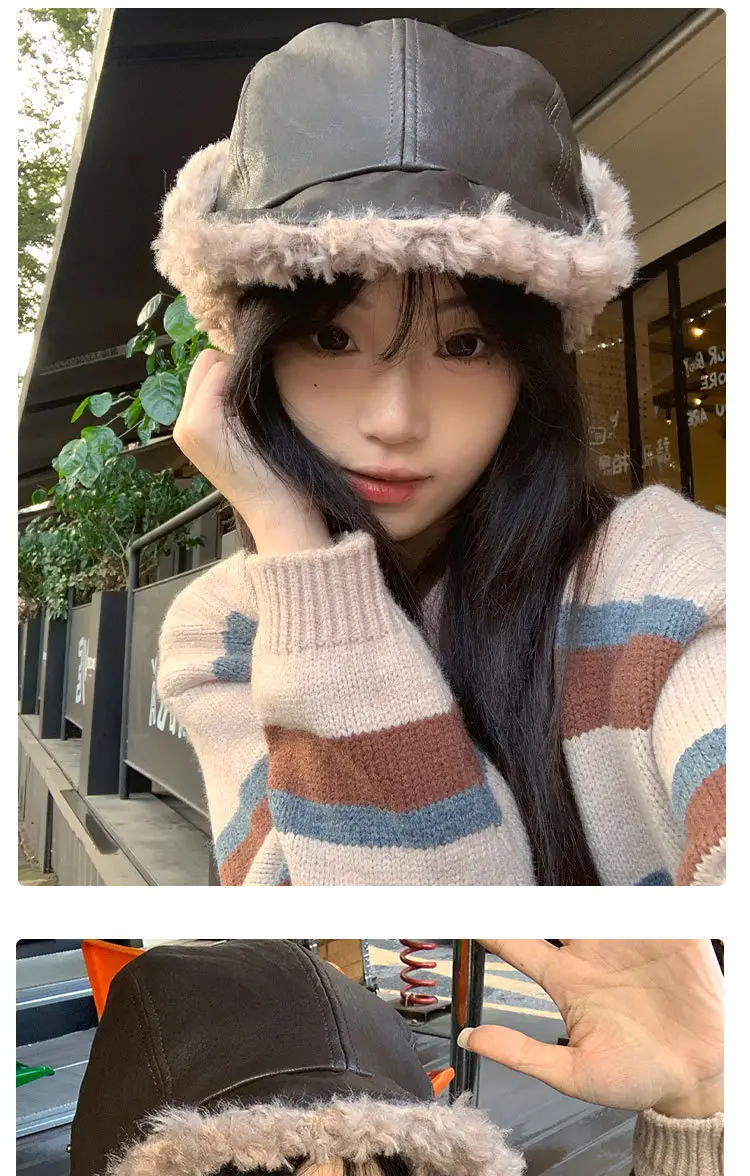Korean Style Leather Ear Hat with Plush Strap — feature 9