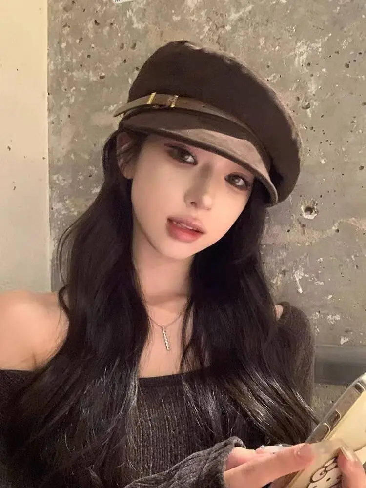 Women Japanese Retro British Style Leather Belt Flat Cap for Women Autumn and Winter New Fashion Newsboy Cap Duckbill Octagonal Beret Trendy — feature 6