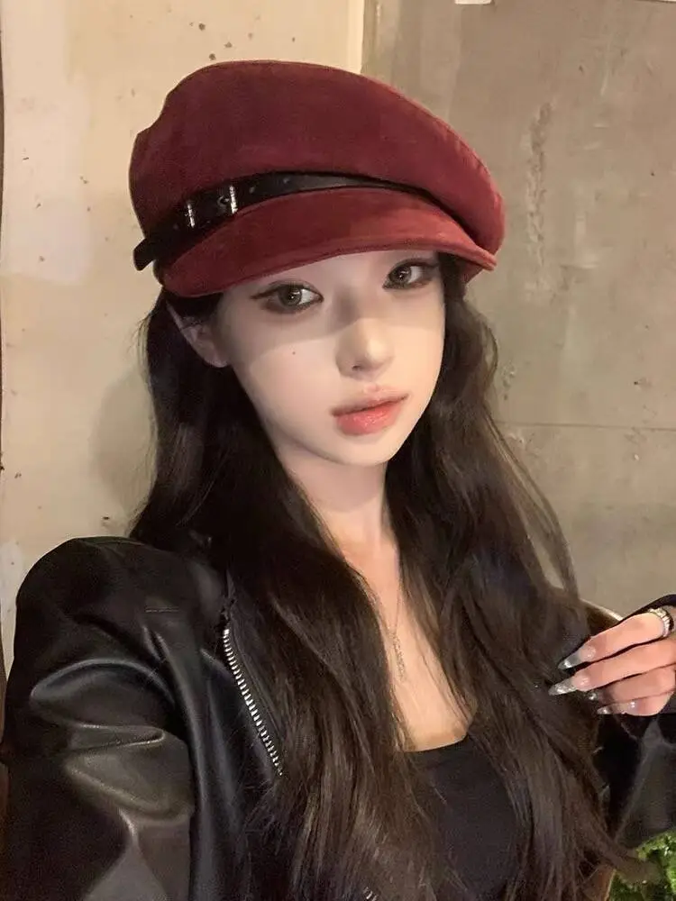 Women Japanese Retro British Style Leather Belt Flat Cap for Women Autumn and Winter New Fashion Newsboy Cap Duckbill Octagonal Beret Trendy — feature 7