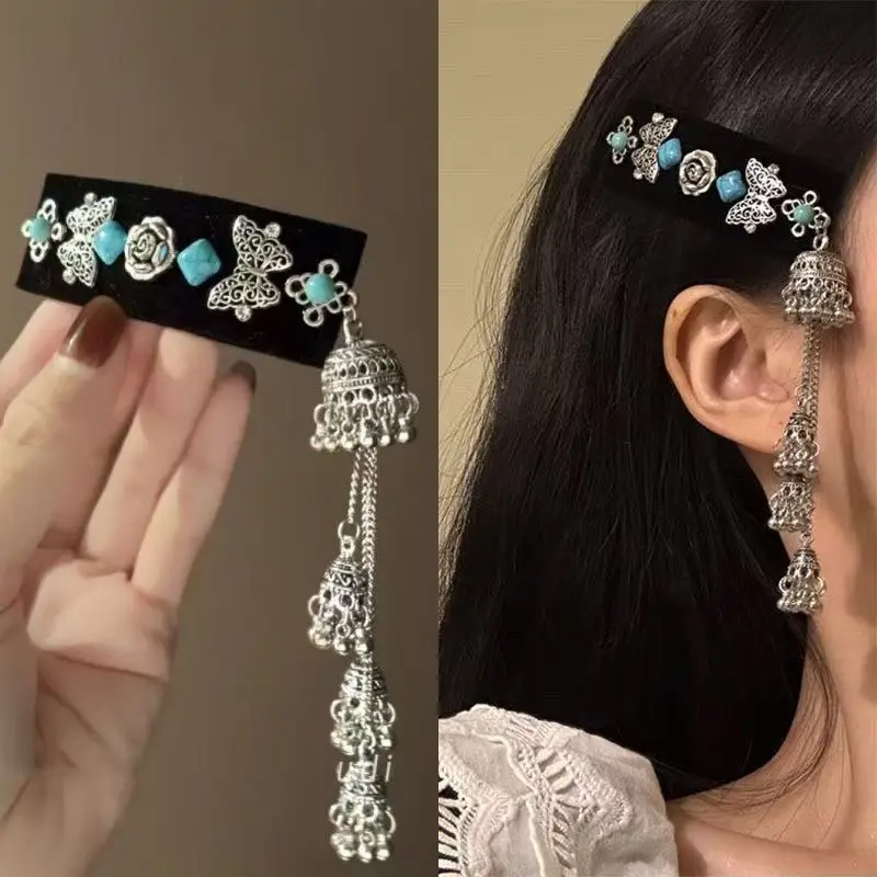 Flower Diamond Bell Long Tassel Hairpin Accessible Luxury Design Ethnic Style Fashionable Hair Accessories Women's Bb Clip