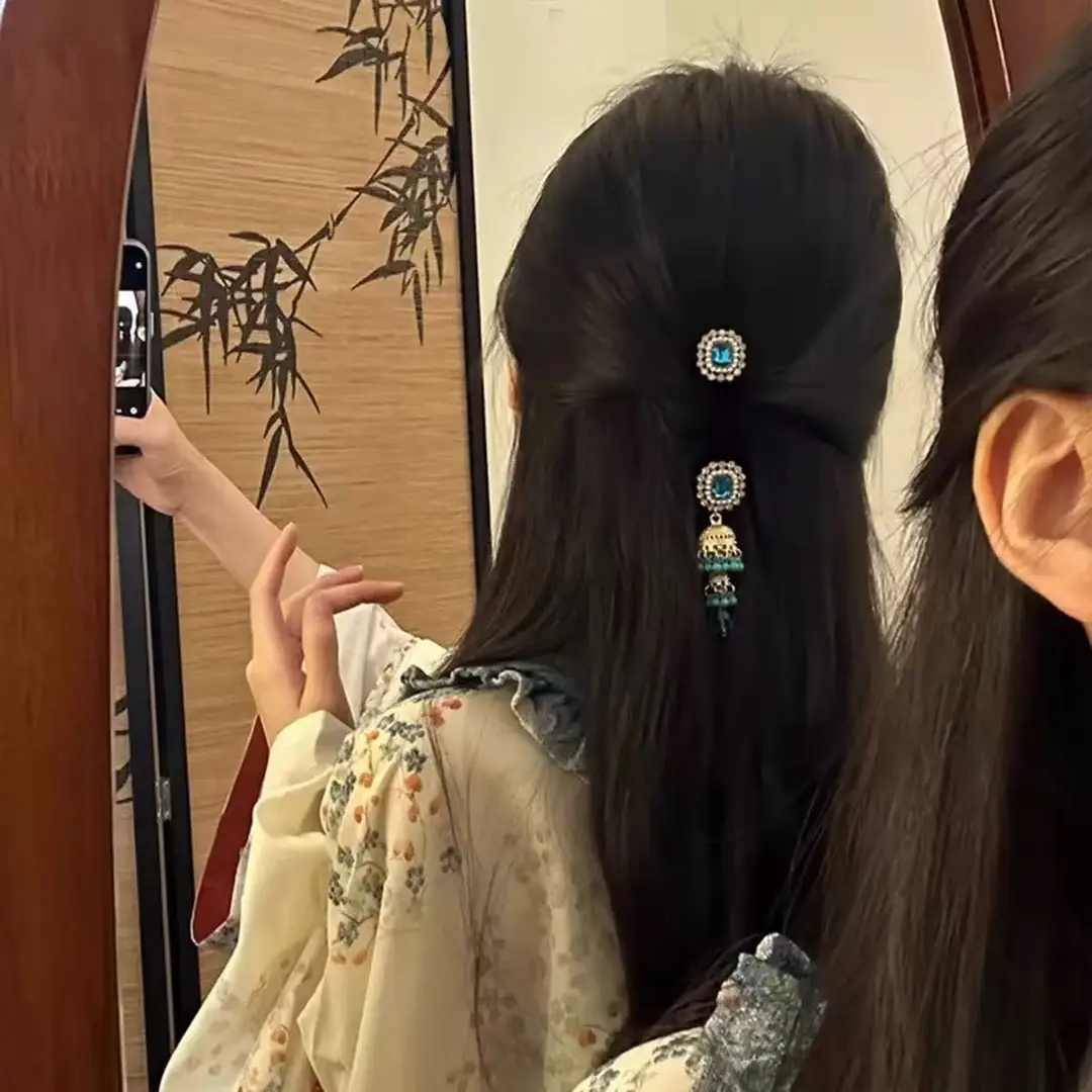 Flower Diamond Bell Long Tassel Hairpin Accessible Luxury Design Ethnic Style Fashionable Hair Accessories Women's Bb Clip