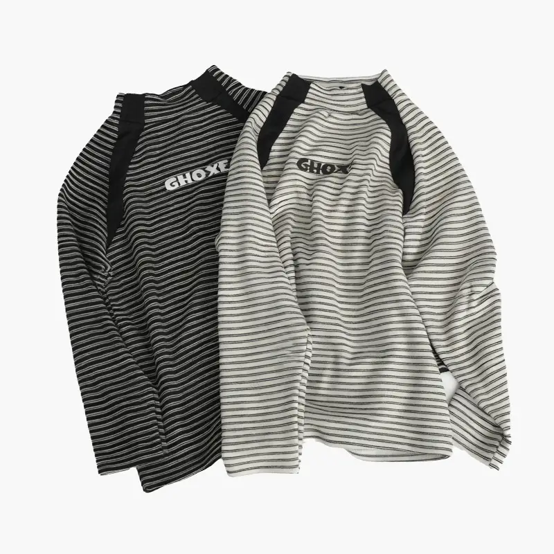 Boys Fleece Long Sleeve Winter T-Shirt Black White Striped
