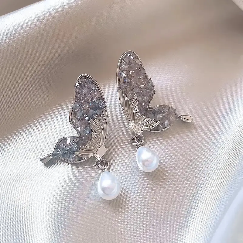 Silver Butterfly Pearl Earrings for Women - Image 2