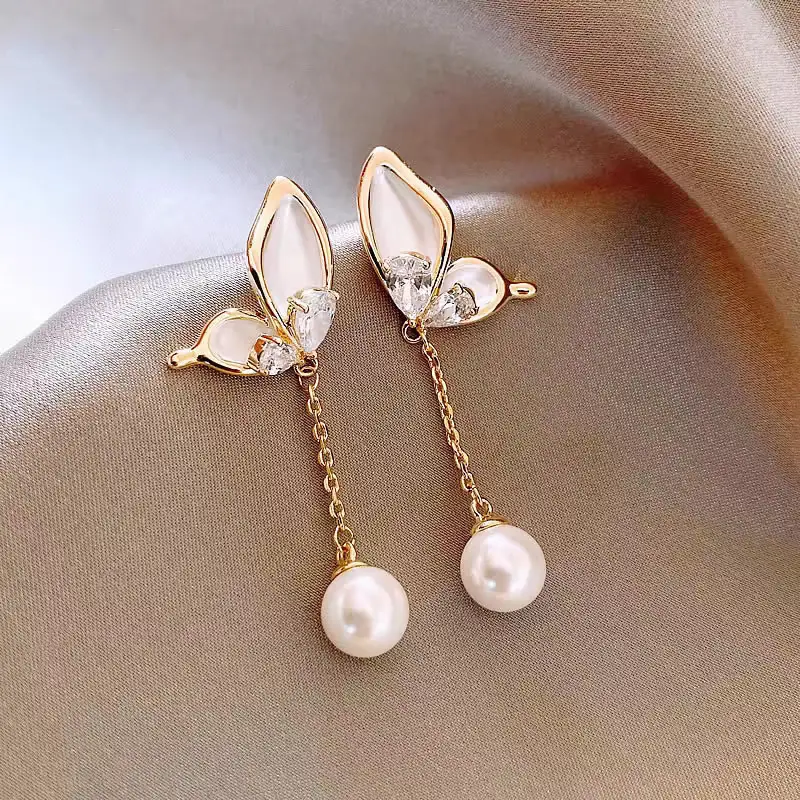 Silver Butterfly Pearl Earrings for Women - Image 4