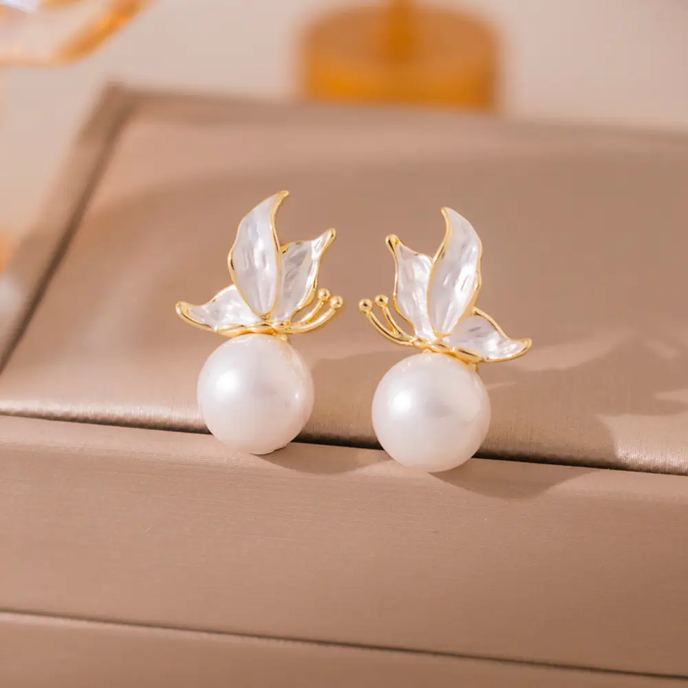 Silver Butterfly Pearl Earrings for Women - Image 8
