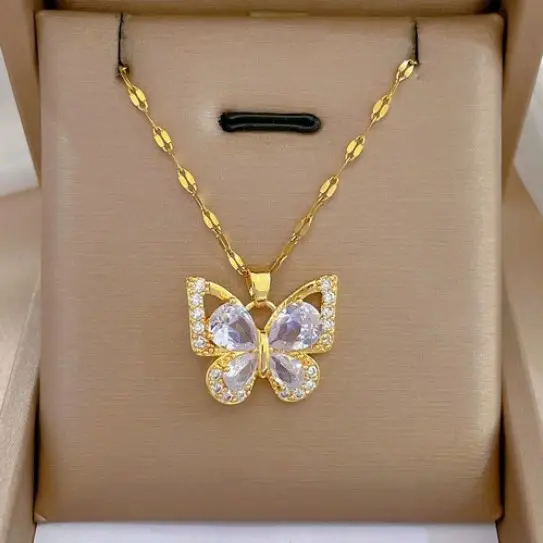 Golden Butterfly Necklace with Micro-Inlay Design