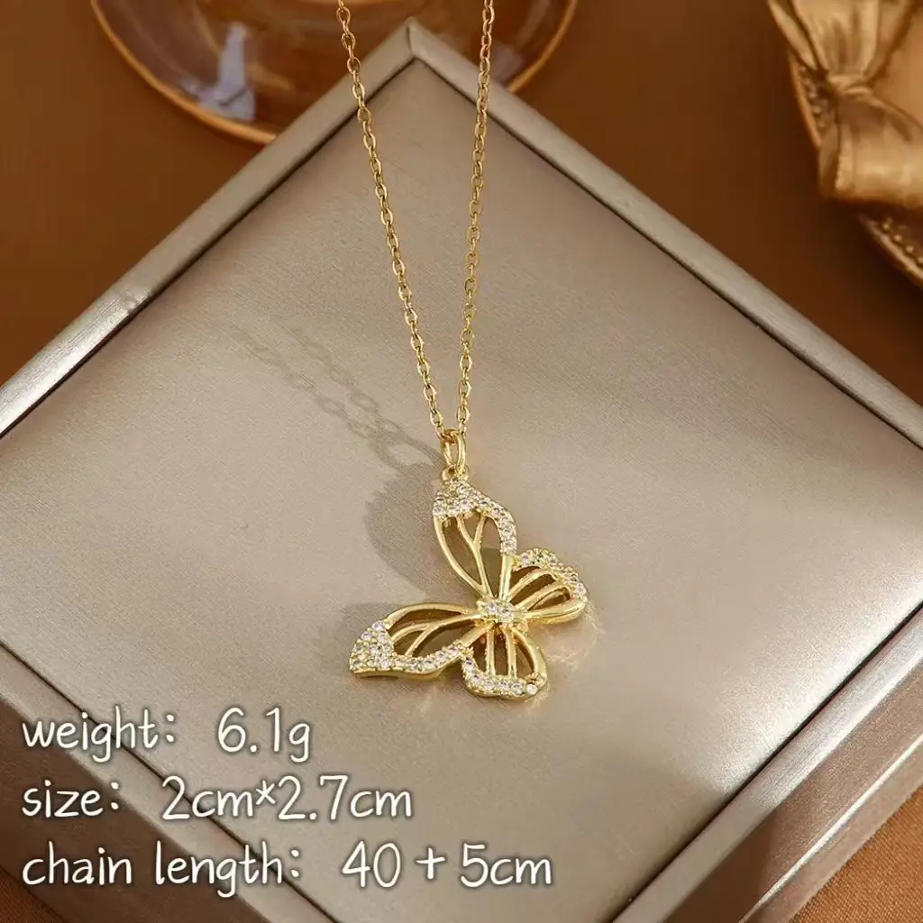 Golden Butterfly Necklace with Micro-Inlay Design