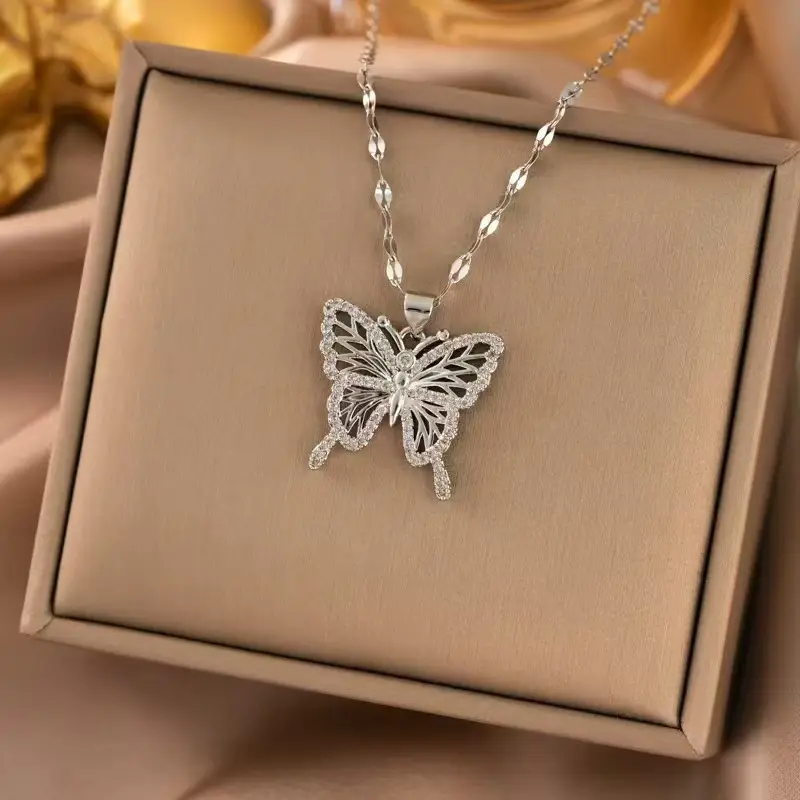 Golden Butterfly Necklace with Micro-Inlay Design