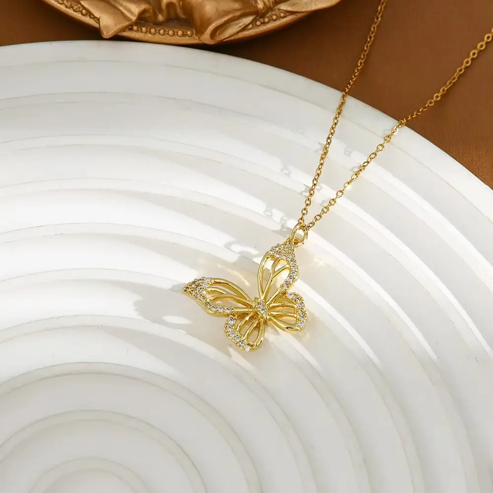 Golden Butterfly Necklace with Micro-Inlay Design