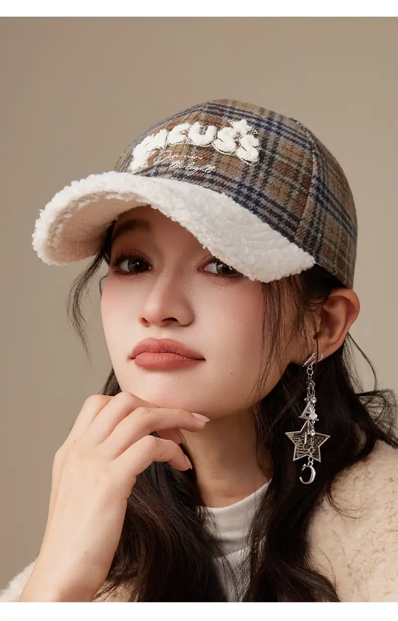 Teddy Velvet Plaid Cap Women Winter College Style — feature 13