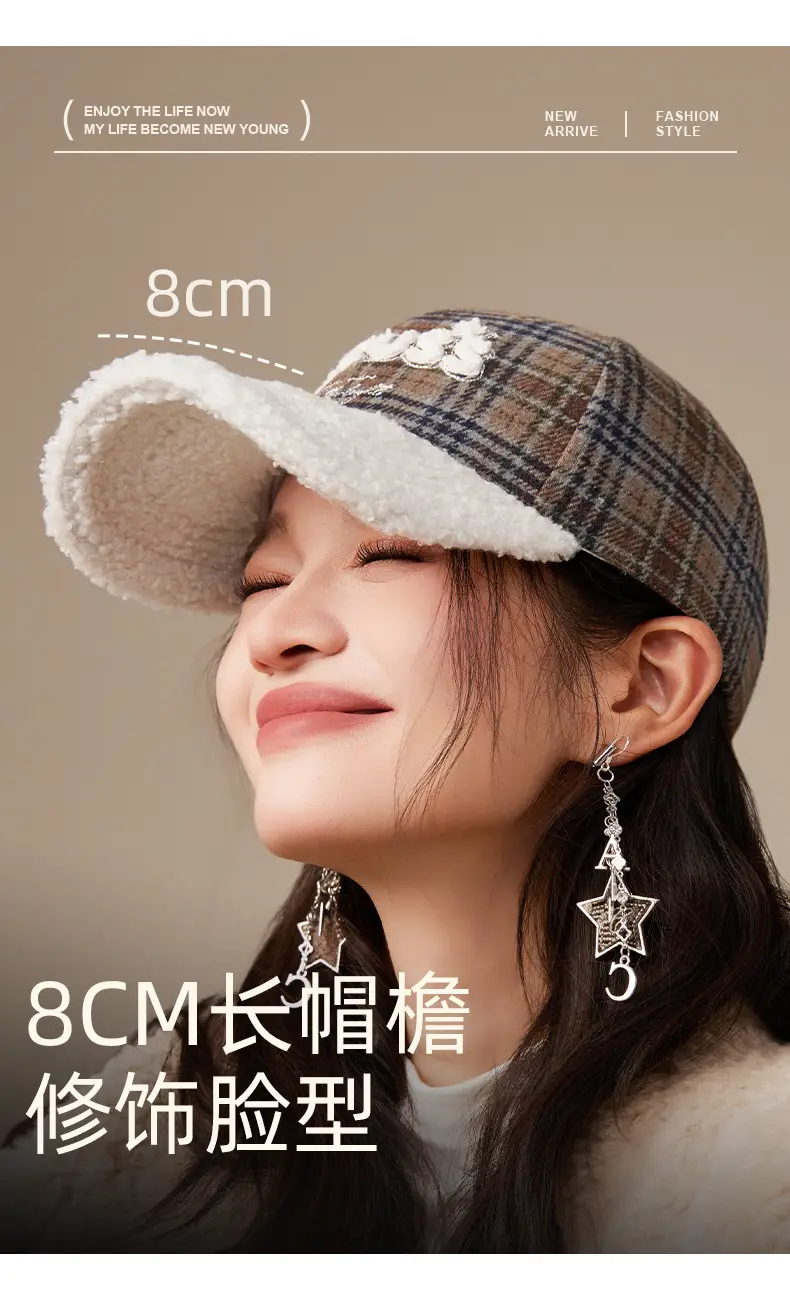 Teddy Velvet Plaid Cap Women Winter College Style — feature 9