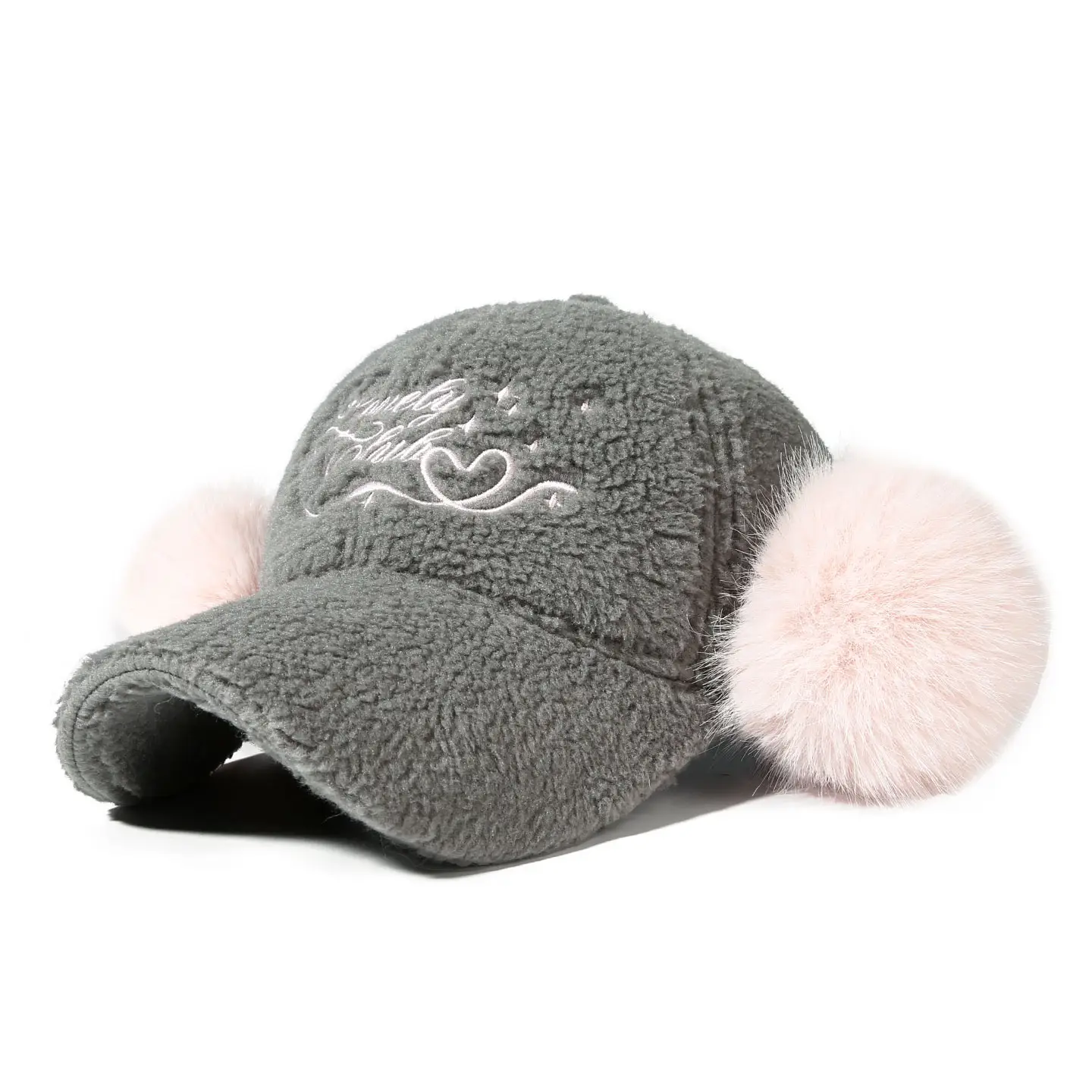 Lamb Fleece Cap for Women Winter Warm Pom Pom