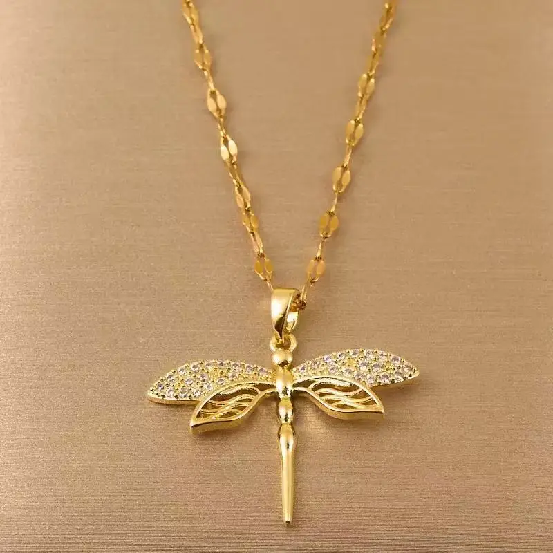 Gold Dragonfly Necklace for Women with Rhinestone Detail