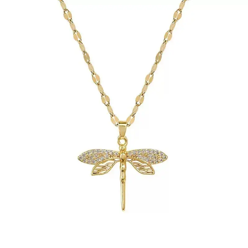 Gold Dragonfly Necklace for Women with Rhinestone Detail