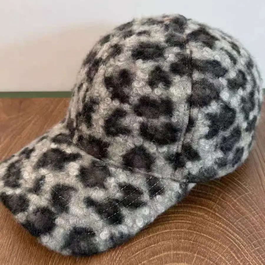 Leopard Print Wool Cap for Women Winter Warm