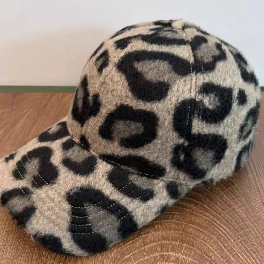Leopard Print Wool Cap for Women Winter Warm