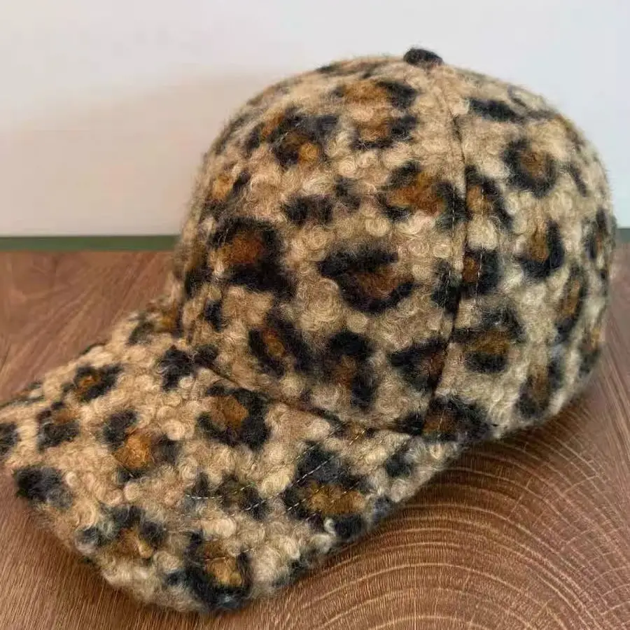 Leopard Print Wool Cap for Women Winter Warm