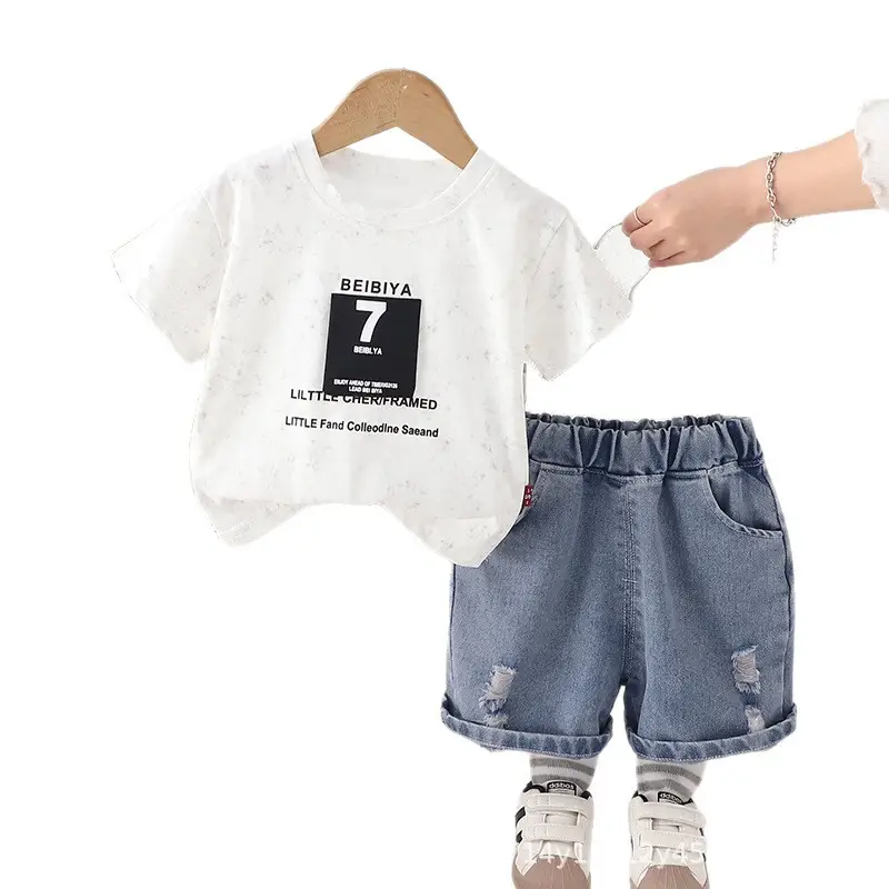 Boys Summer White Letter Print T-Shirt & Cool Jeans Set