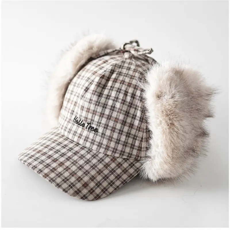 Winter Plaid Fur Cap for Men Women Red Black - Image 3