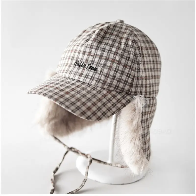 Winter Plaid Fur Cap for Men Women Red Black - Image 4